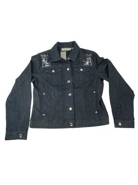 Platinum Chico's Women’s Rhinestone Gem Embellished Dark Denim Jacket Button Siz